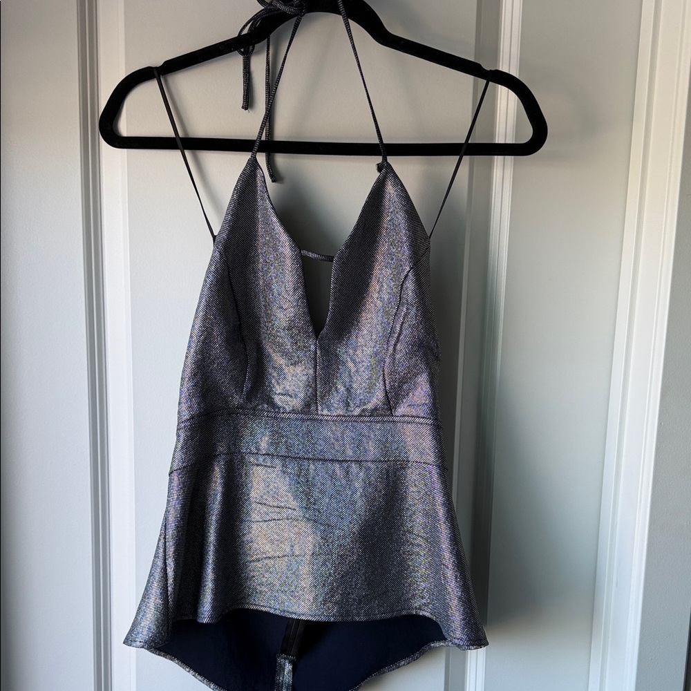 Express Holographic Silver Peplum Halter Bodysuit
